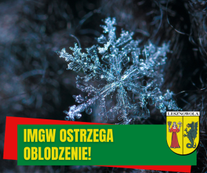Żółty napis IMGW ostrzega oblodzenie! na zielonym pasku. W tle zamarznięta śnieżka.