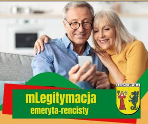Seniorzy z telefonem, na dole napis: mLegitymacja emeryta-rencisty