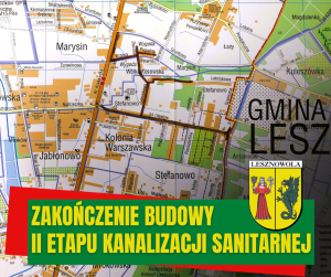 Zdjęcie mapy, na zielonym paski napis: ZAKOŃCZENIE BUDWY II ETAPU KANALIZACJI SANITARNEJ. Na dole po prawej herb gminy.