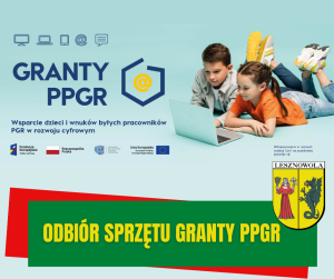 Żółty napis Odbiór sprzętu Granty PPGR na zielonym pasku. W tle dwoje dzieci leży i korzysta z laptopa.