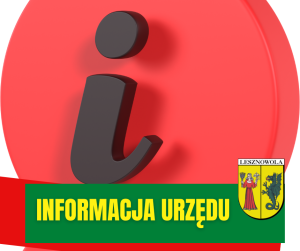 czarna litera i na czerwonym polu. Poniżej na zielonym pasku napis: INFORMACJA URZEDU, obok na dole po prawej herb gminy.