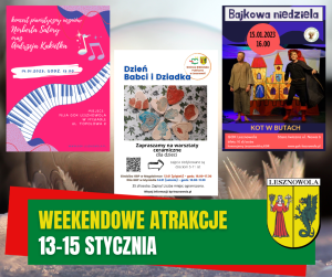 Żółty napis Weekendowe atrakcje i biały napis 13-15 stycznia na zielonym pasku w tle trzy plakaty z różnymi wydarzeniami.