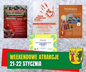 Żółty napis Weekendowe atrakcje i biały napis 21-22 stycznia na zielonym pasku w tle cztery plakaty z różnymi wydarzeniami.