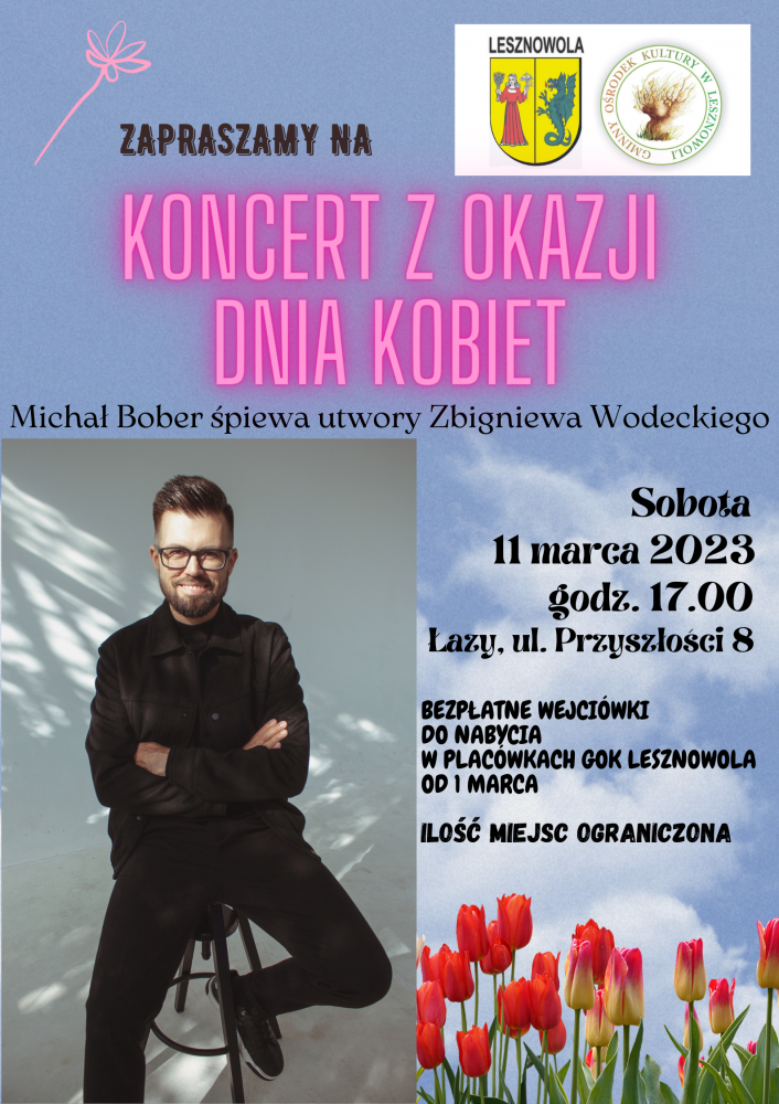 Plakat w kolorystyce fioletowo-różowej promujący koncert Michała Bobera z okazji Dnia Kobiet