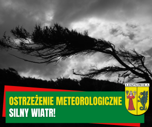 Żółty napis Ostrzeżenie meteorologiczne i białe silny wiatr! na zielonym pasku. Na obrazku widać wygięte drzewa z powodu silnego wiatru.