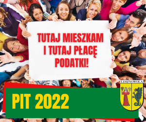 Zdjęcie młodych osób wykonane od góry, trzymających białą plansze z napisem TUTAJ MIESZKAM I TUTAJ PŁACĘ PODATKI!