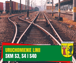 Żółty napis Uruchomienie linii i biały napis SKM S3, S4, i S40 na zielonym pasku. W tle widać tory kolejowe i wagony.