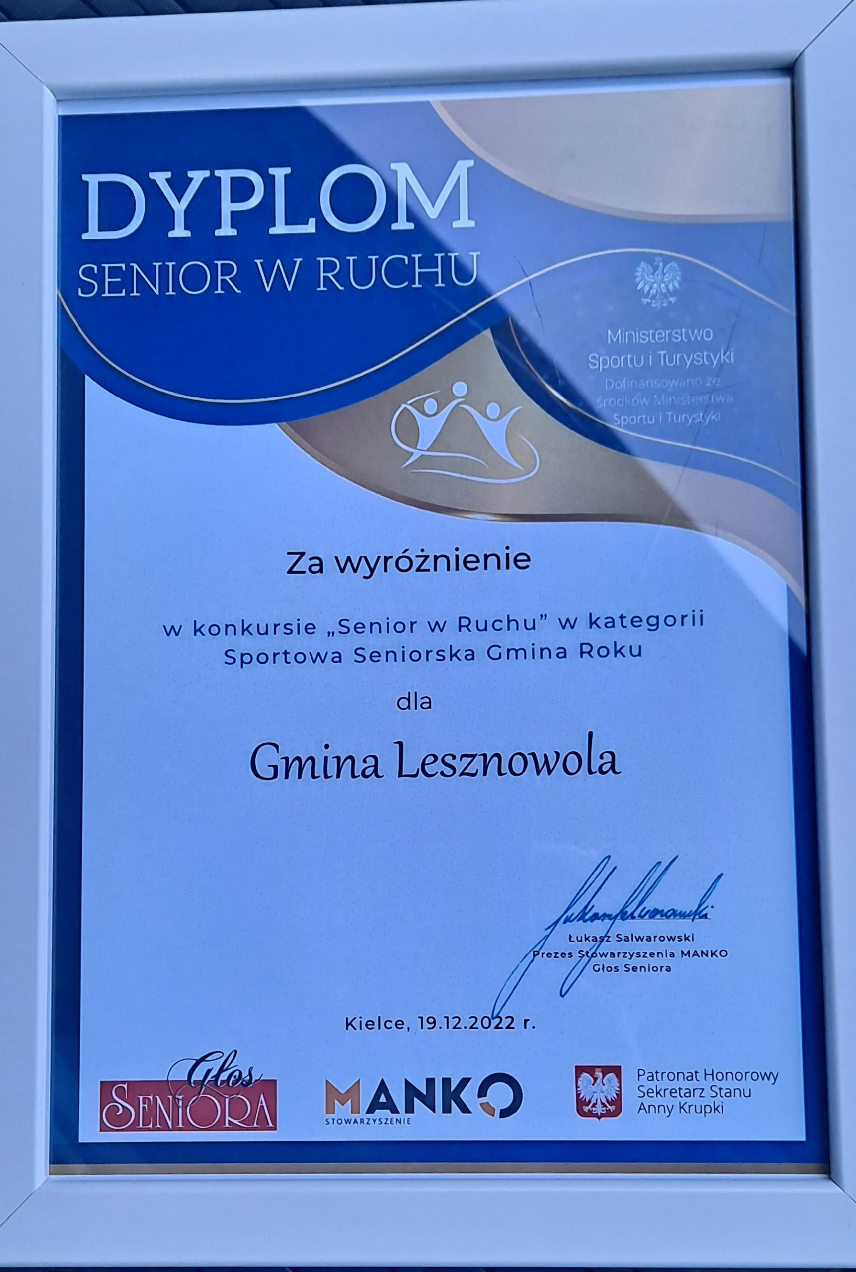 Dyplom z konkursu Sportowa Seniorska Gmina Roku.