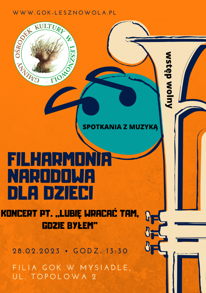 W lewym górnym rogu znajduje się logo GOK. Z prawej stronie jest obrazek trąbki. 