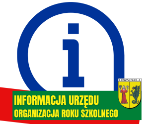 Litera i w kółu - niebieski znak na białym tle, poniżej na zielonym pasku napis: INFORMACJA URZĘDU ORGANIZACJA ROKU SZKOLNEGO. Na dole po prawej herb gminy.