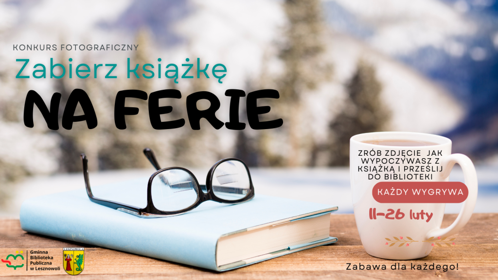 Na stole leży niebieska książka z odwróconymi okularami i biały kubek.