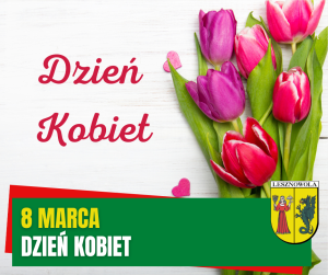 Żółty napis 8 marca i biały napis Dzień Kobiet na zielonym pasku. W tle kolorowe tulipany i napis Dzień Kobiet.