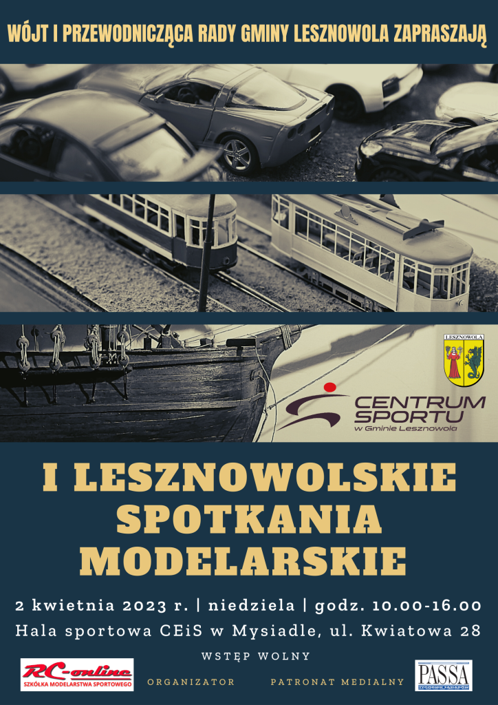 Żółty napis I Lesznowolskie Spotkanie Modelarskie na śliwkowym tle. U góry modele samochodów, tramwai i statku.