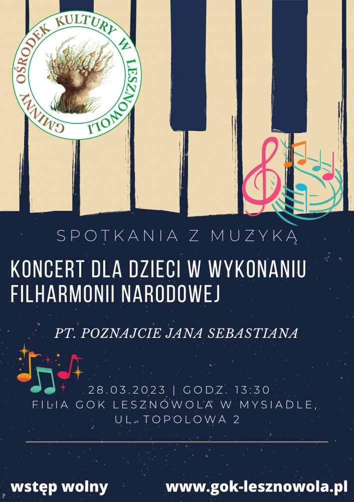 Na plakacie grafika klawiszy fortepiana oraz kolorowe nutki. 