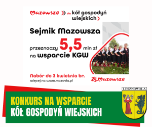 Żółty napis Konkurs na wsparcie i biały napis kół gospodyń wiejskich na zielonym pasku.