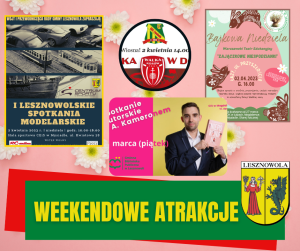 Na zielonym pasku na dole grafiki napis WEEKENDOWE ATRAKCJE. Powyżej grafiki poszczególnych wydarzeń.