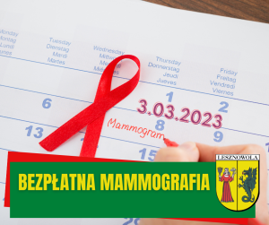 Kartka z kalendarza z czerwoną wstążeczką i napisem "mammogram, 3.03.2023"