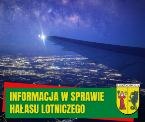 Ciemne niebo, w dole światła miejskie widoczne skrzydło samolotu. Na dole na zielonym pasku podpis: Informacje w sprawie hałasu lotniczego.