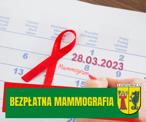 Kartka z kalendarza z czerwoną wstążeczką i napisem "mammogram, 28.03.2023"