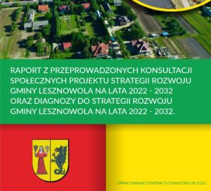 Od góry fragment zdjęcia lotniczego miejscowości, na zielonym polu pośrodku nazwa dokumentu, na dole po prawej pole żółte, po lewej pole czerwone z herbem Gminy Lesznowola.