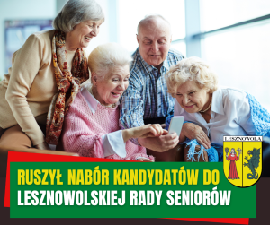 Żółty napis Ruszył nabór kandydatów do i biały napis Lesznowolskiej Rady Seniorów na zielonym pasku. W tle trzy starsze panie i jeden starszy pan.