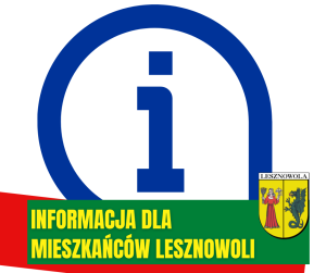 niebieska litera i na białym tle. Na dole, na czerwono-zielonym pasku napis: Informacja dla mieszkańców Lesznowoli