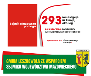 Żółty napis Gmina Lesznowola ze wsparciem i biały napis Sejmiku Województwa Mazowieckiego na zielonym pasku.