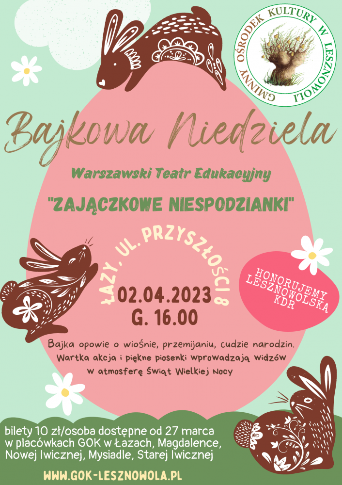 Obrazki trzech zajęcy i jajka.