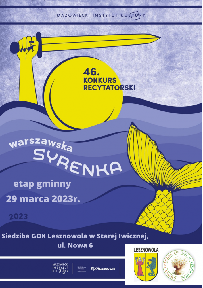 Na plakacie widać wodę a z niej wystaje ręka trzymająca miecz i ogon syreny.