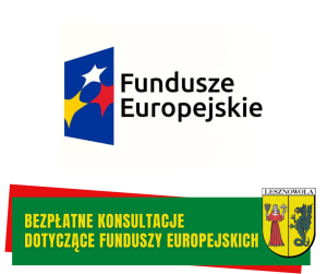Żółty napis bezpłatne konsultacje dotyczące Funduszy Europejskich na zielonym pasku.