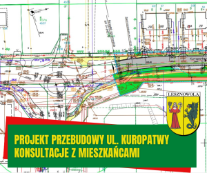 Fragment mapy z projektem, na zielonym pasku na dole podpis: PROJEKT PRZEBUDOWY UL. KUROPATWY SPOTKANIE Z MIESZKAŃCAMI Po prawej herb Gminy Lesznowola