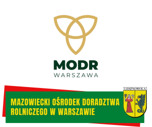 Żółty napis Mazowiecki Ośrodek Doradztwa Rolniczego w Warszawie na zielonym pasku. Logo MODR Warszawa na białym tle.