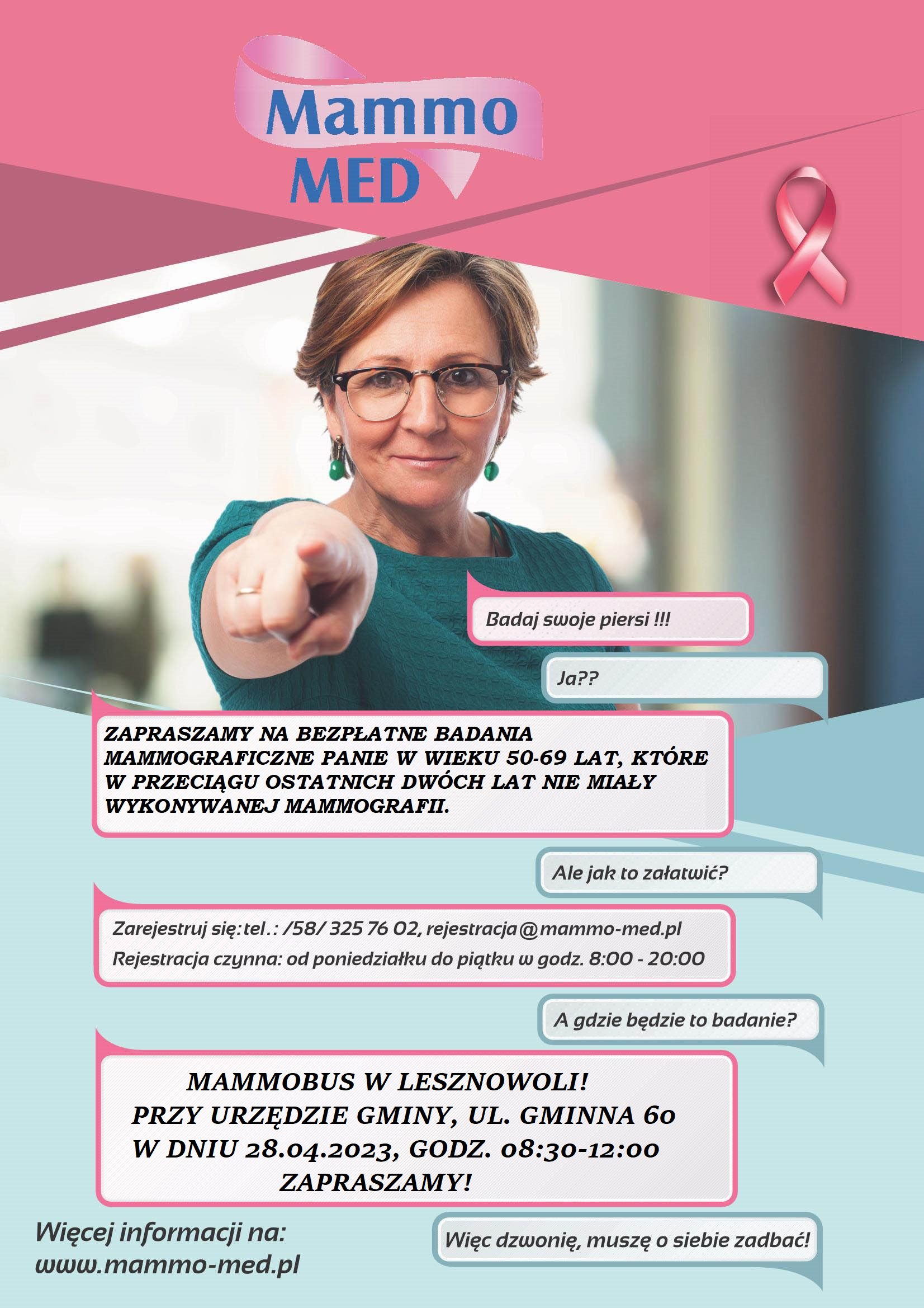 Kobieta wskazuje palcem na odbiorcę. Nad jej głową znajduje się nazwa firmy przeprowadzającej badanie (MAMMO-MED)