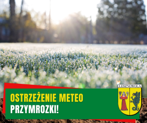 Żółty napis ostrzeżenie meteo i biały napis przymrozki! na zielonym pasku. W tle oszroniona trawa.
