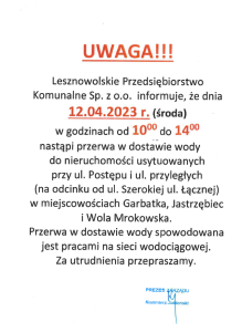 Komunikat LPK o przerwie w dostawie wody 12.04.2023-Garbatka, Jastrzębiec Wola Mrokowska