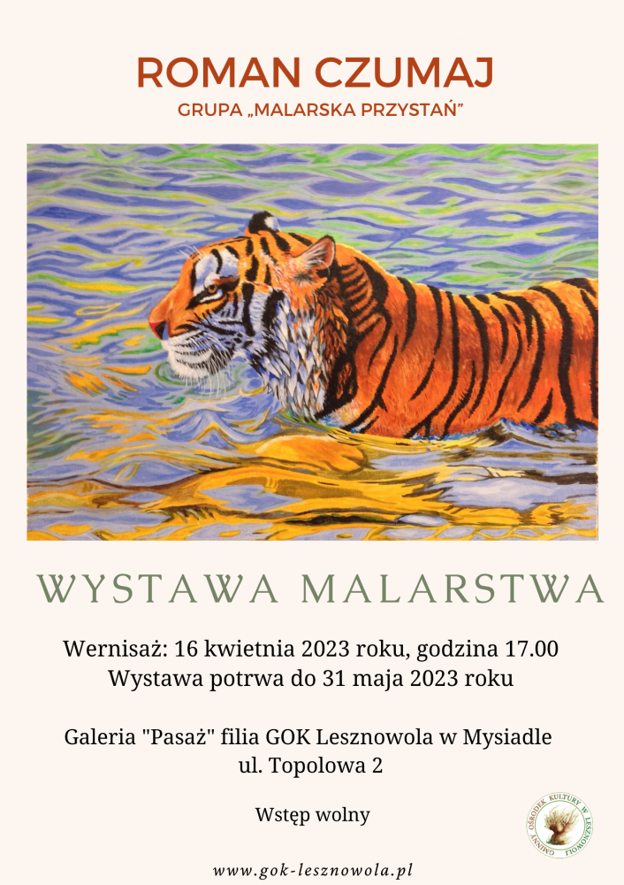 Na plakacie znajduje się tygrys bengalski w wodzie.