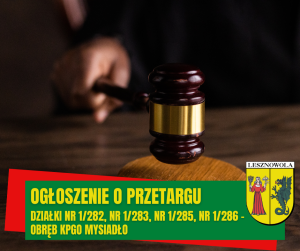 Żółty napis "Ogłoszenie o przetargu" na zielonym pasku. W tle znajduje się młotek aukcyjny.