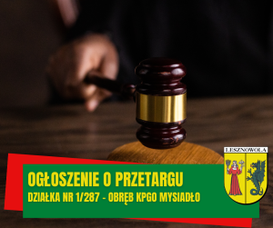 Żółty napis "Ogłoszenie o przetargu" na zielonym pasku. W tle znajduje się młotek aukcyjny.