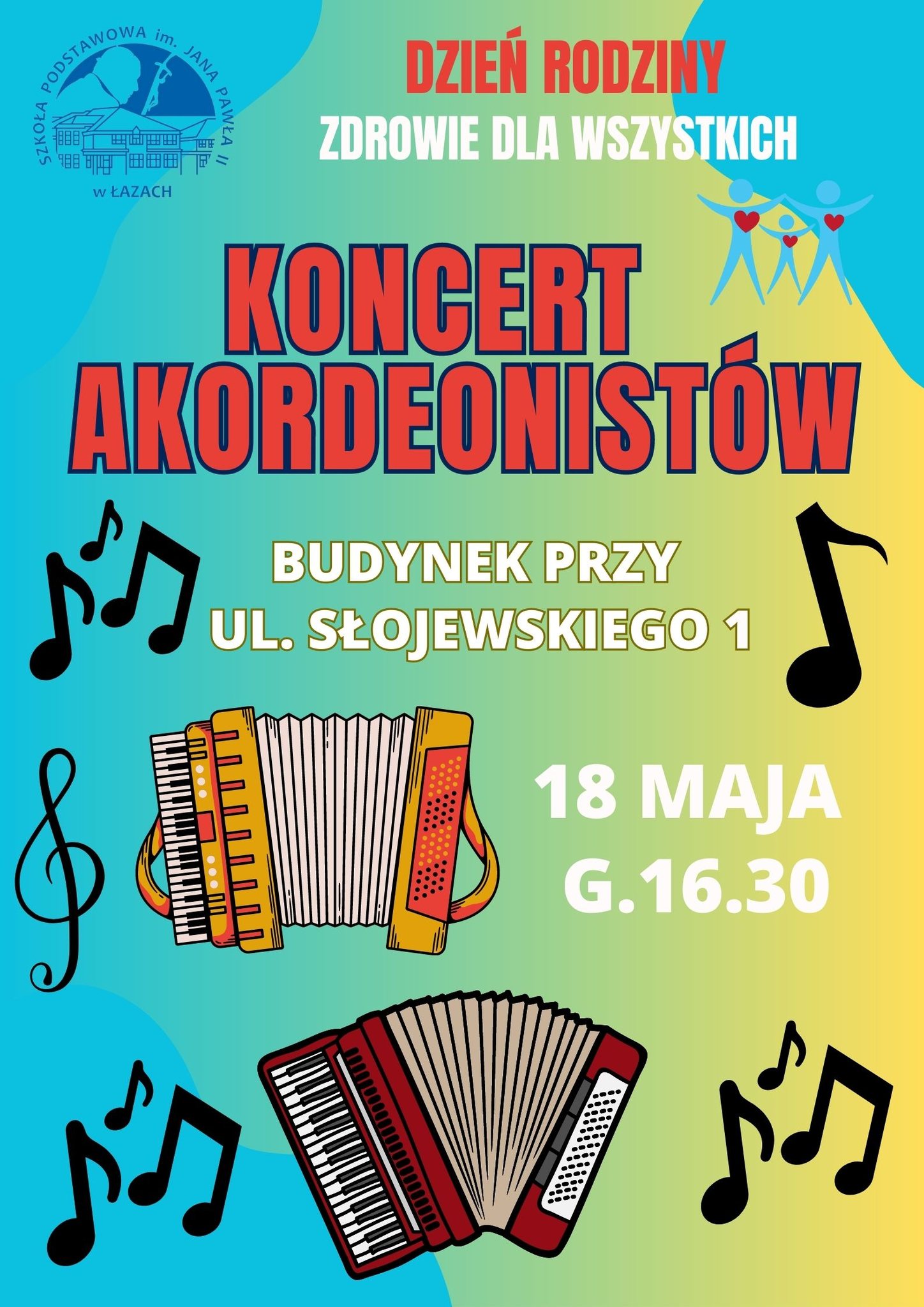 turkusowo-żółte tło, dwa akordeony, czarne nuty. Czerwony napis KONCERT AKORDEONISTÓW budynek przy ul. Słojewskiego 1, 18 maja 16.30