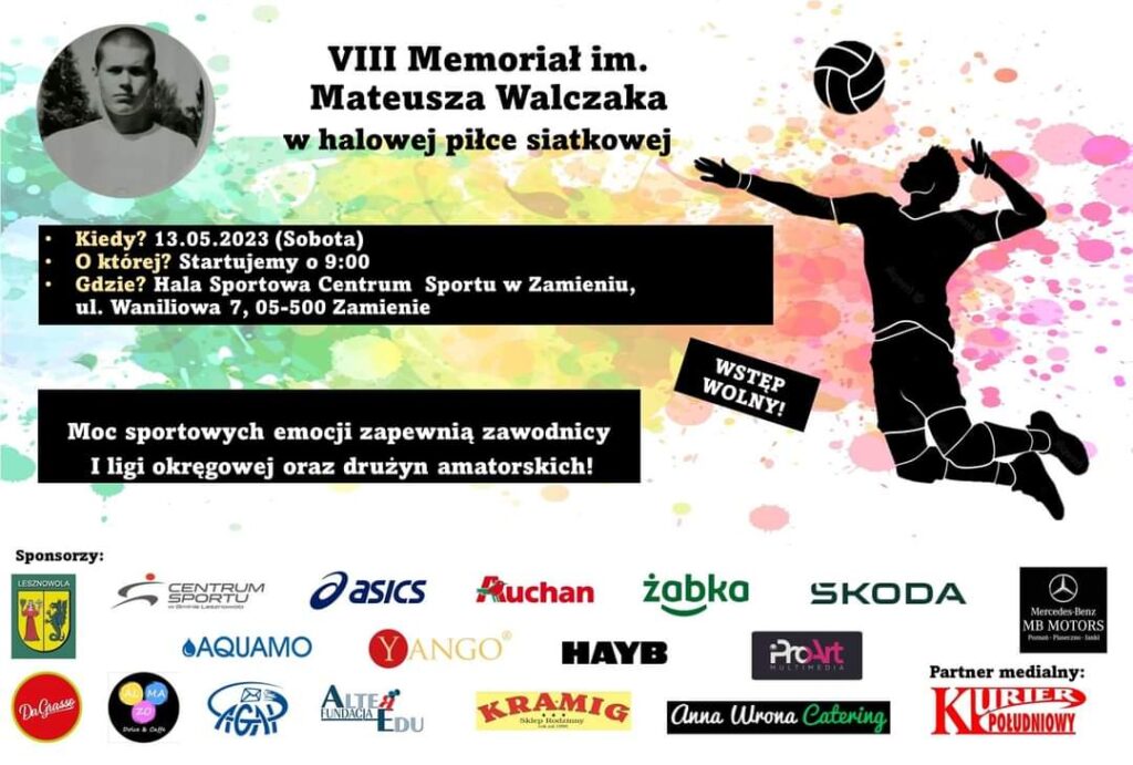 W lewym górnym rogu zdjęcie śp. Mateusza Walczaka. Z prawej stronie obrazek serwującego siatkarza.