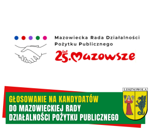 Żółty napis Głosowanie na kandydatów i biały napis do mazowieckiej rady działalności pożytku publicznego. na zielonym pasku. W tle logo MRDPP.
