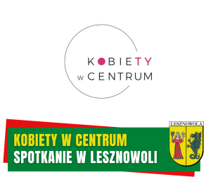 Żółty napis Kobiety w centrum i biały napis spotkanie w Lesznowoli na zielonym pasku. W tle logo Kobiety w Centrum.