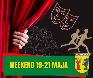 Ręka trzymająca czerwoną kotarę , na czarnym polu rysunki: kobiety, biegacze i maski teatralne.