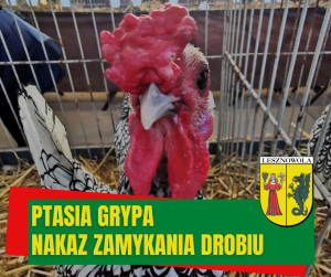 Na pierwszym planie głowa kury ozdobnej. Na dole na zielonym pasku napis: PTASIA GRYPA NAKAZ ZAMYKANIA DROBIU. Po prawej na dole herb Gminy Lesznowola