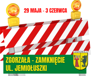 Znaki drogowe i daty 29 maja - 3 czerwca. Na dole na zielonym pasku napis: Zgorzała- Zamknięcie ul. Jemiołuszki. Obok na dole po prawej herb Gminy Lesznowola
