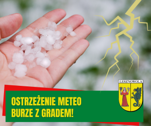 Otwarta dłoń trzymająca grad, obok po prawej grafika z piorunem. Na dle na zielonym pasku napis OSTRZEŻENIE METEO BURZE Z GRADEM!