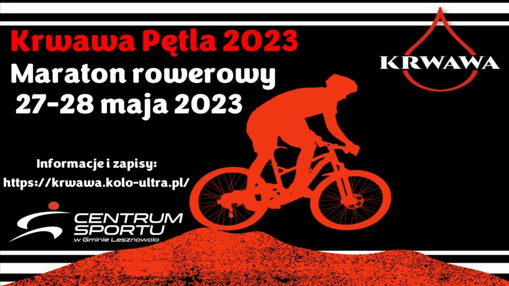 Czerwony obrazek rowerzysty jadącego po pagórkach. W prawym rogu szubienica i biały napis KRWAWA.