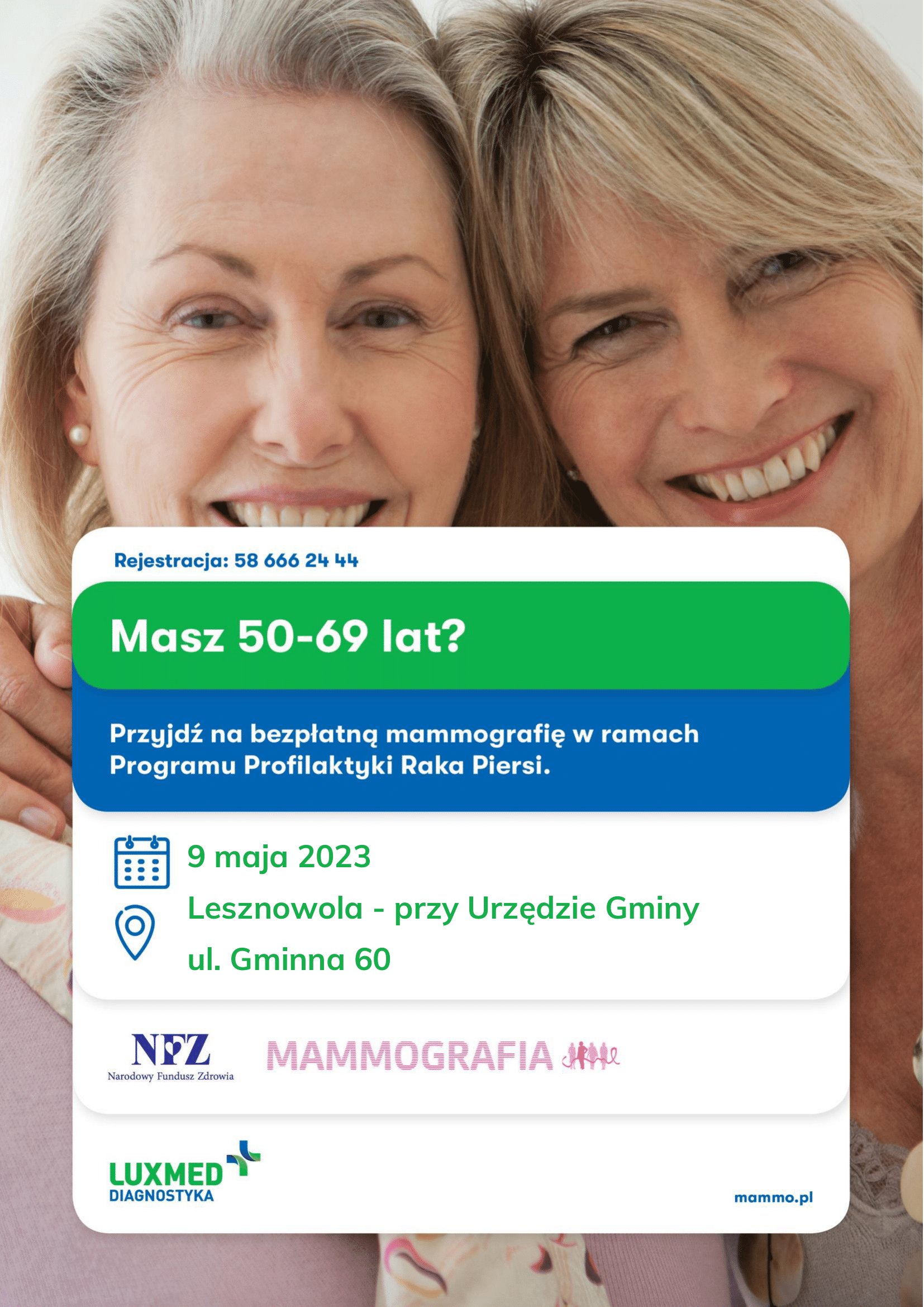 Plakat z dwiema kobietami informujący o badaniach mammograficznych w dniu 9 maja 2023 roku.