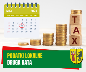 Żółty napis "Podatki lokalne" i biały napis "Druga rata" na zielonym pasku.
