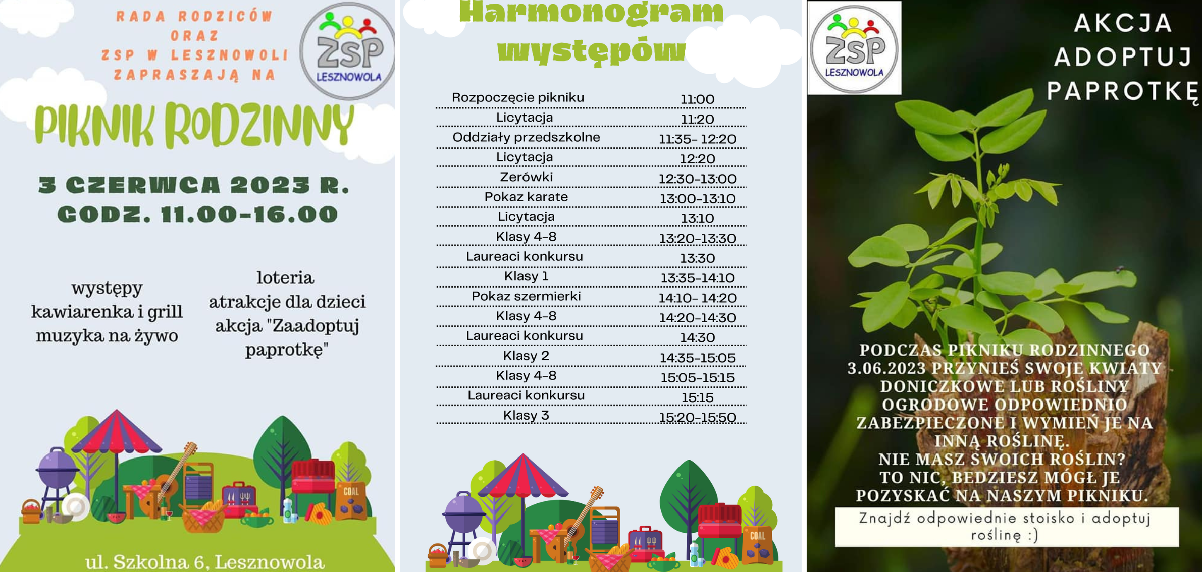 Pol lewej stronie grafika drzew, gril, gitara. Powyżej napis Piknik Rodzinny 3 czerwca godz. 11-16. Po środku. Harmonogram występów. Po prawej stronie grafika rośliny i biały napis Akcja adoptuję paprotkę oraz logo ZSP Lesznowola. 